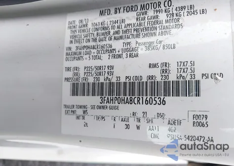 2012 Ford Fusion Se z USA, uszkodzony, nr VIN 3FAHP0HA8CR160536